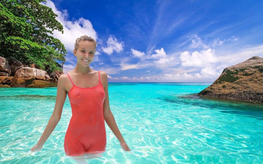      ,     ,     , , , , erogirls (9264), Cheerful girl in the crystal clear water, sodden red transparent dress, seen through tits and pussy, smile, paradise, vacation